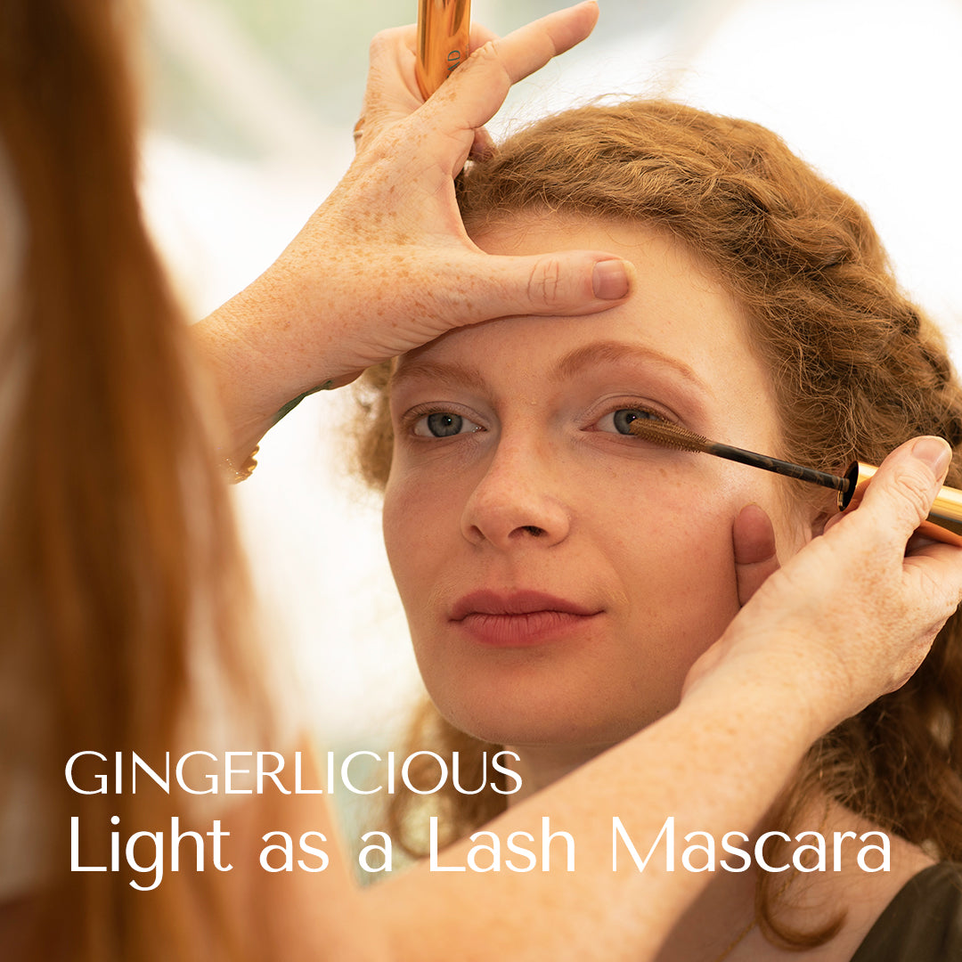 HEY REDHEAD model vith angel skin and light red blond blond hair wearing Gingerlicious Mascara. Light as a Lash Mascara. Hey Redhead.