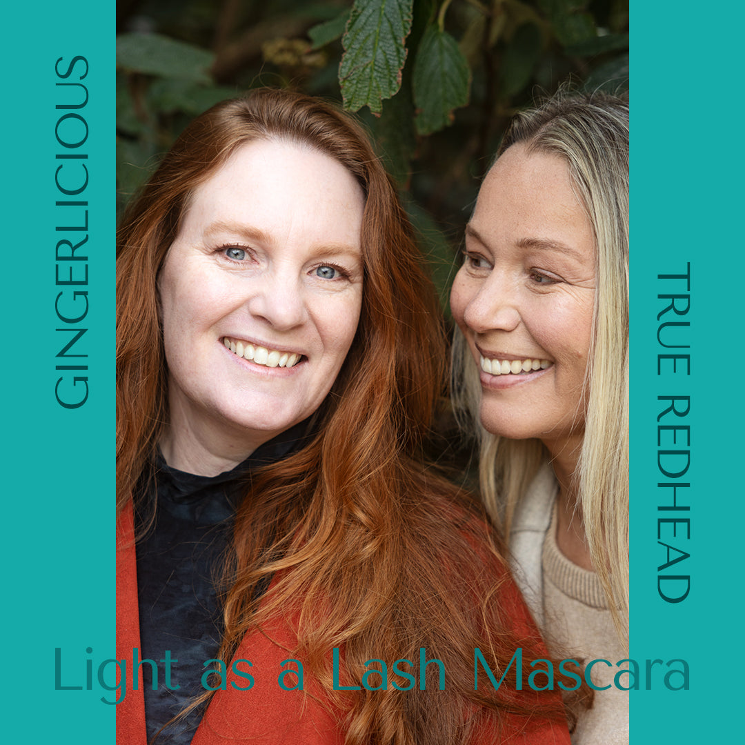 True Redhead mascara and Gingerlicious Mascara on beautiful models. Light as a Lash Mascara from HEY REDHEAD. Founder Eva Reng Andersen and model Karin Tuxen.  The picture shows harmony and connectivity. Natural colours. 
