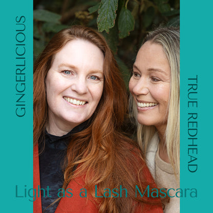 True Redhead mascara and Gingerlicious Mascara on beautiful models. Light as a Lash Mascara from HEY REDHEAD. Founder Eva Reng Andersen and model Karin Tuxen.  The picture shows harmony and connectivity. Natural colours. 