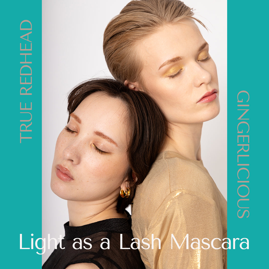 True Redhead mascara and Gingerlicious Mascara on beautiful models. Light as a Lash Mascara from HEY REDHEAD. Location Vejle, Denmark. Shot by Kasia Bryjak. Founder Eva Reng-Andersen. Golden hour theme, gold and black clothes. Gold make-up. Delicate make-up. 