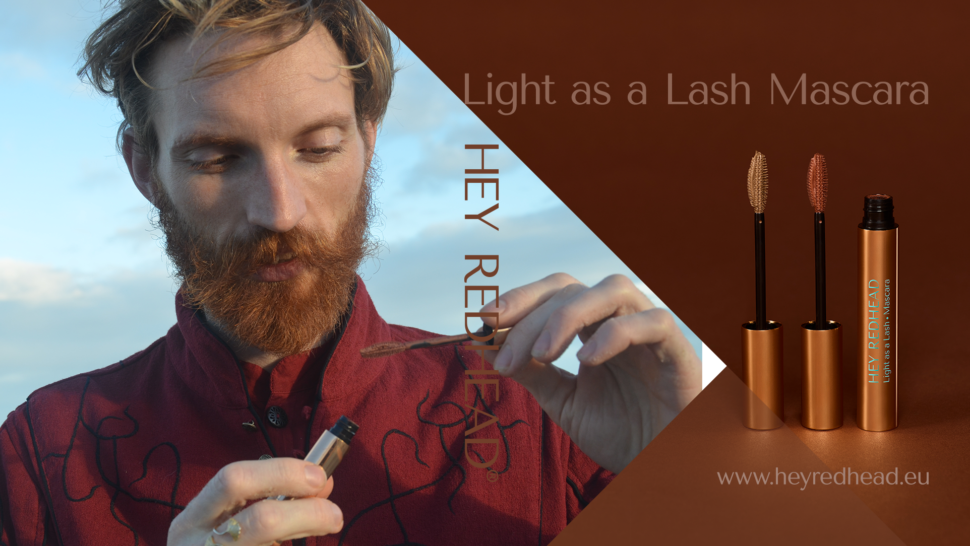 Man male model hey redhead model exploring True redhead mascara. magic. mysterious. professional mascara made in denmark. Light as a Lash Mascara. Mascara for a nordic look. 