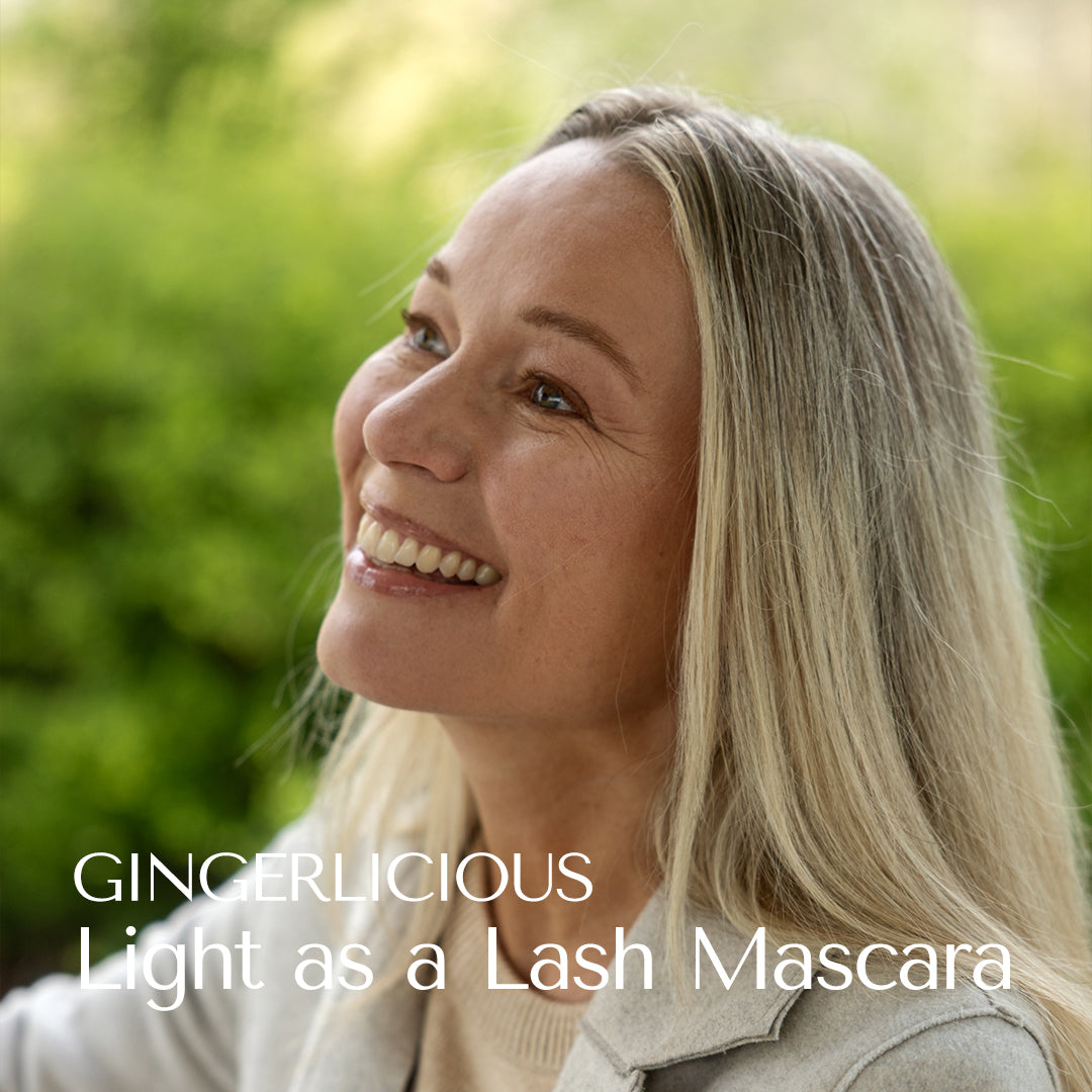 Blonde Hey Redhead Model wearing Gingerlicious. Blonde woman wearing Light as a Lash Mascara on eyelashes and eyebrows. Mascara for blondes and ashblond and red hair. 