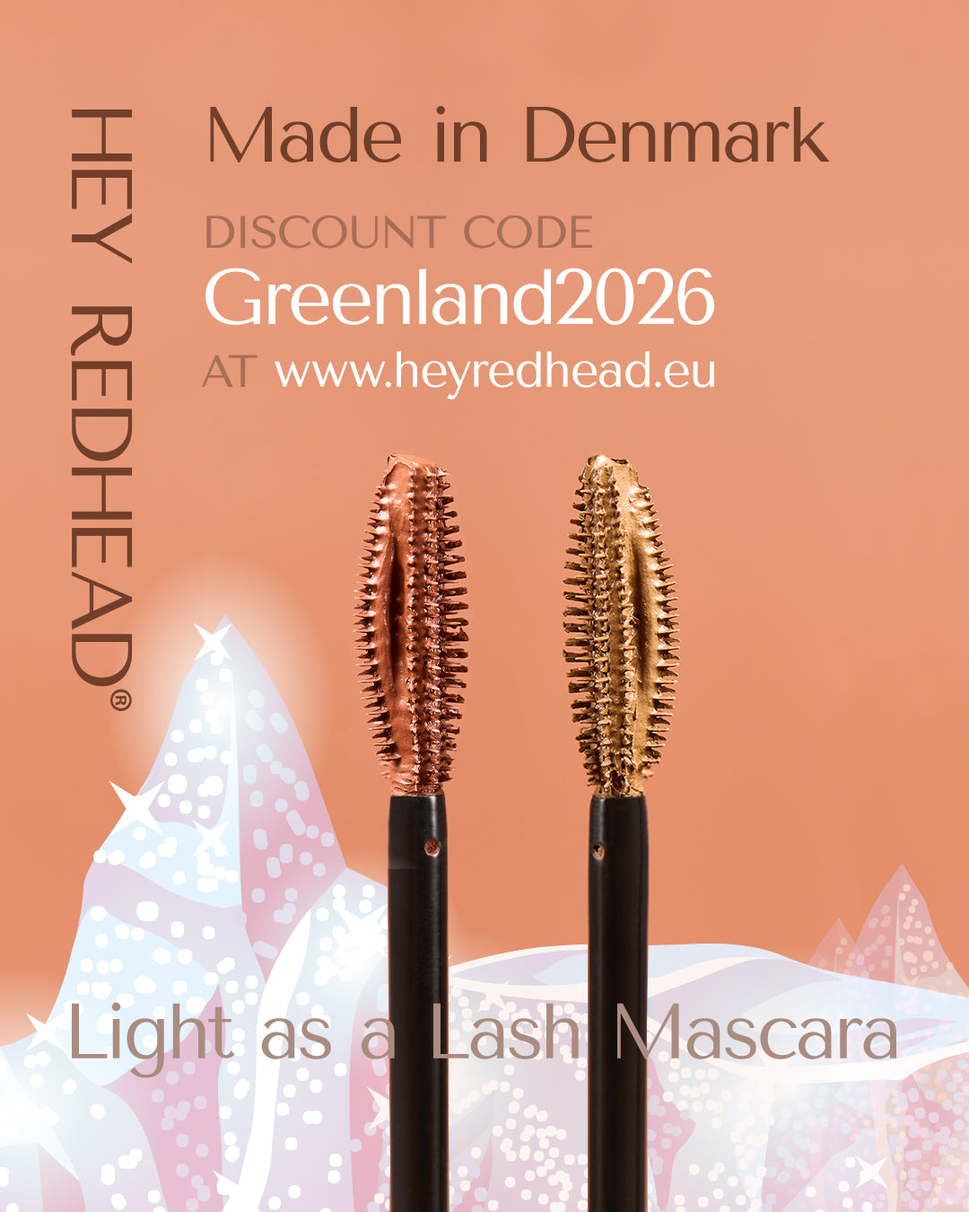 support small brands, support greenland, MADE IN The Kingdom of Denmark. Danish mascara, shipping in Europe. Light as a Lash Mascara is made in the kingdom of Denmark. Iceberg in the background 