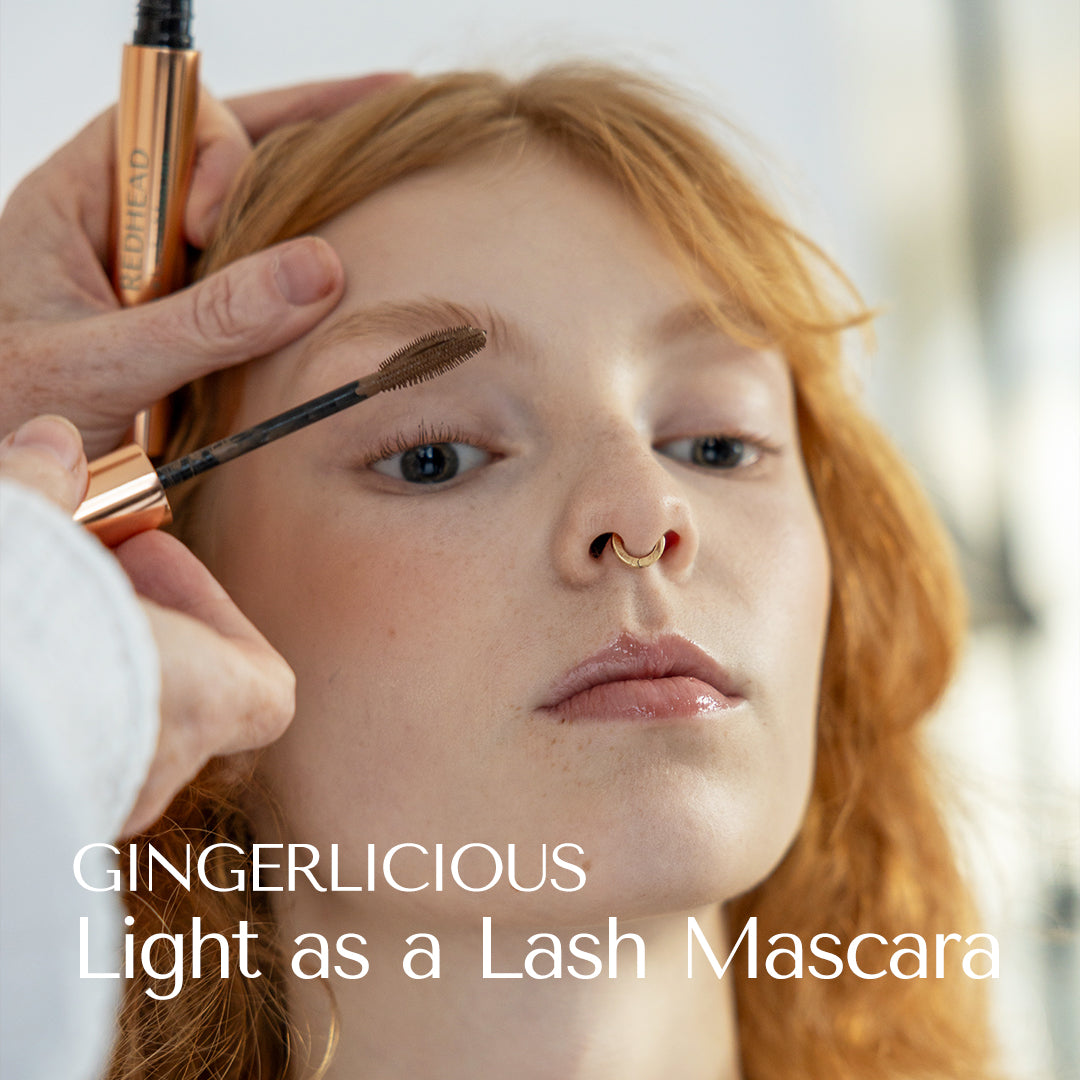 Nymph like model vith angel skin and strawberry blond hair wearing Gingerlicious Mascara. Light as a Lash Mascara. Hey Redhead. Mascara application. Natural couloured mascara. Earthy brown mascara. Vegan mascara. Danish mascara. European mascara. gold nose ring.  