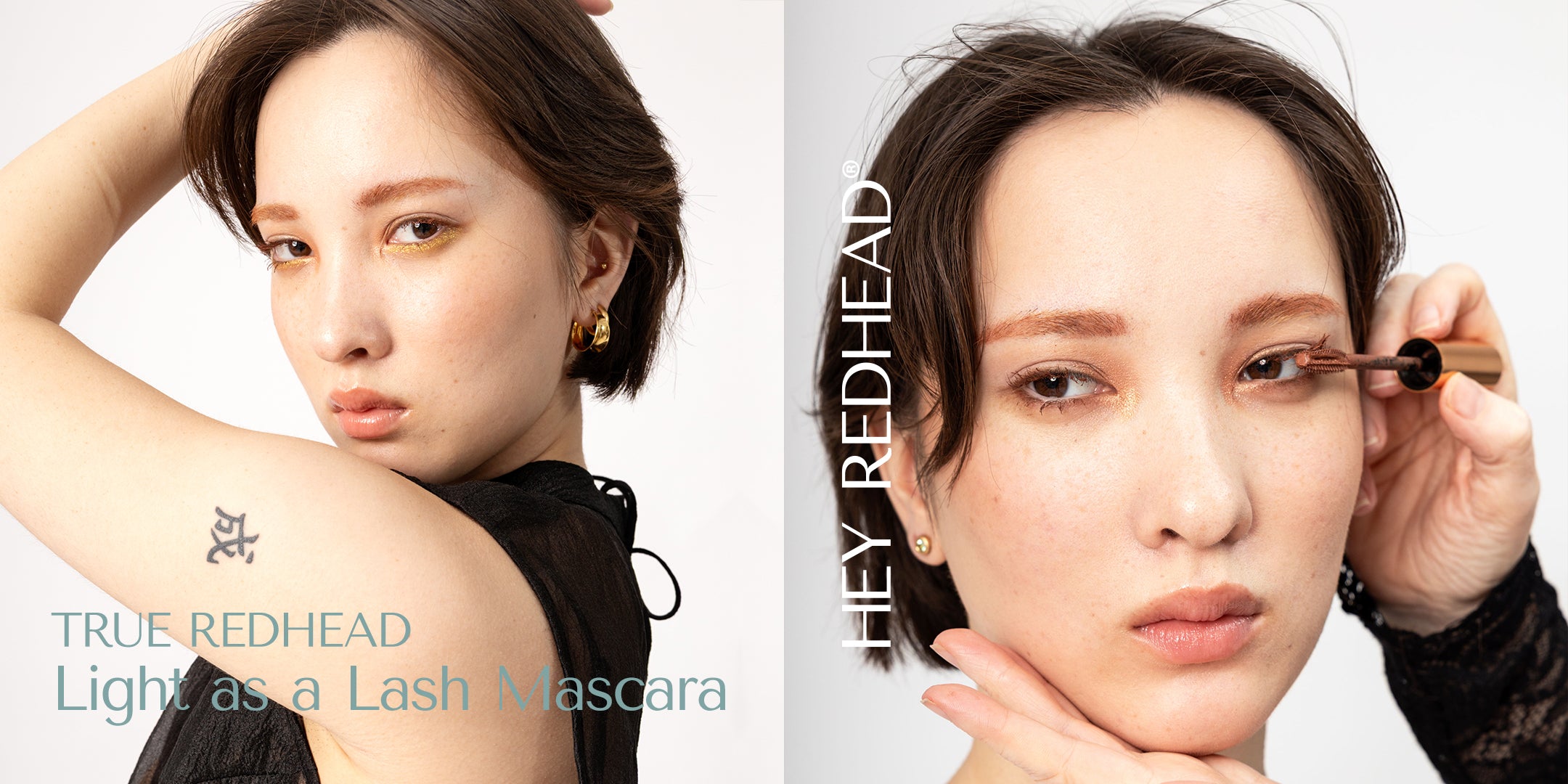 two images of asian model with tatoo wearing True redhead Mascara.