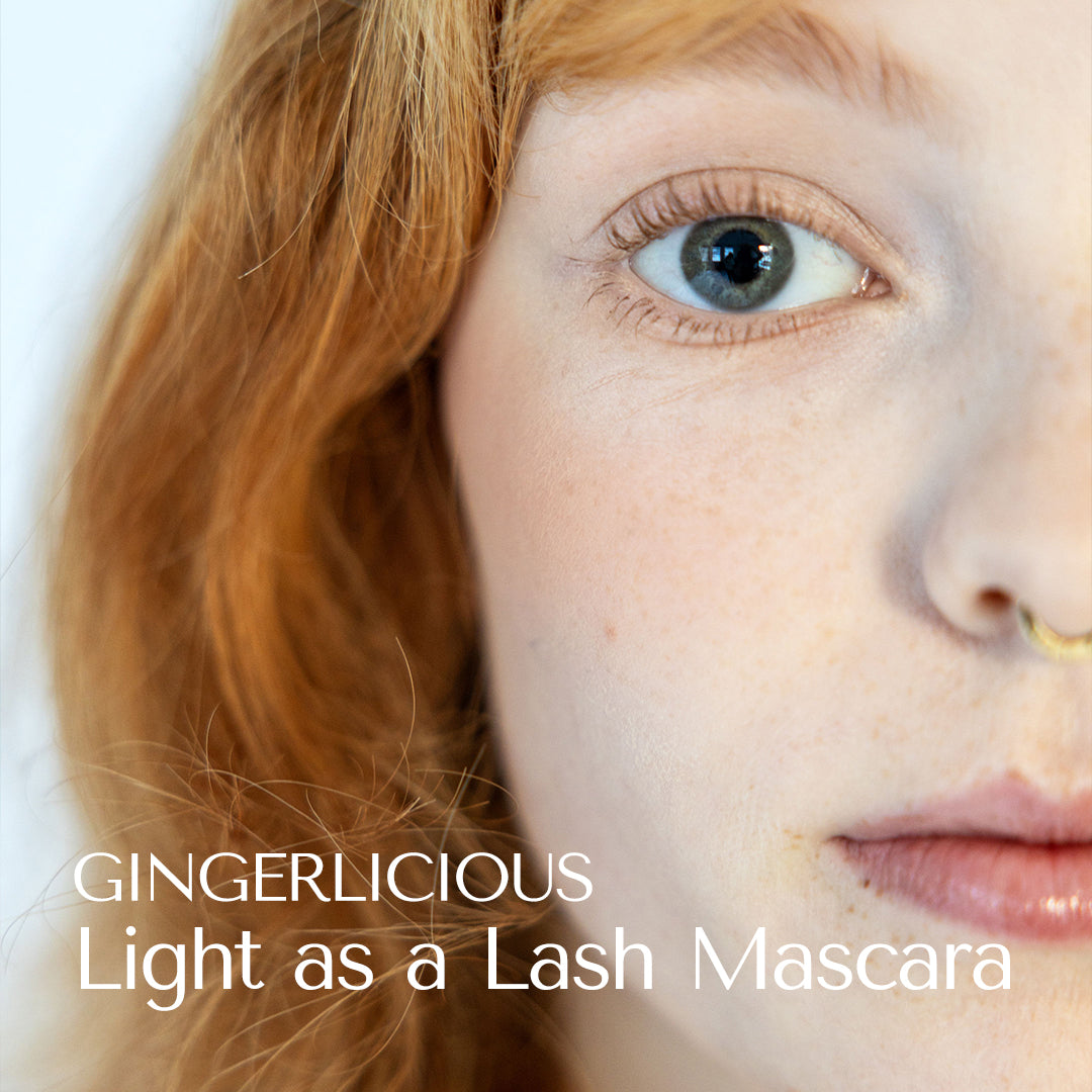 Nymph like model vith angel skin and strawberry blond hair wearing Gingerlicious Mascara. Light as a Lash Mascara. Hey Redhead.