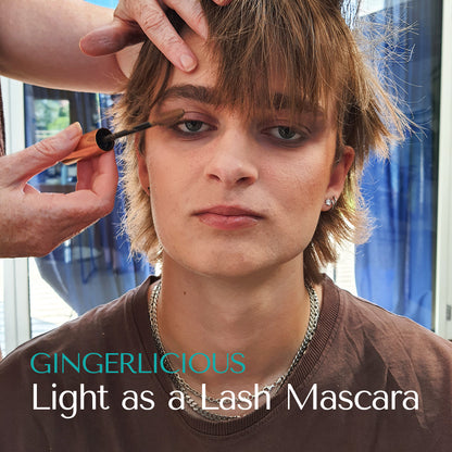 Dark Blond male model wearing light as a lash mascara in the shade Gingerlicious. A bolder eye make up look. bold brows and bold lashes. Mascara used as eye liner as weill.